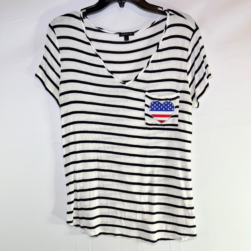 MM Couture Womens Striped Large VNeck T-Shirt American Flag  4th July White Blue